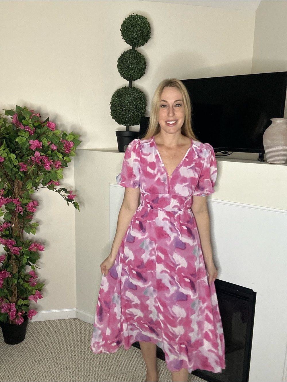Amazon Pink Floral V-Neck Puff Sleeve Midi Dress